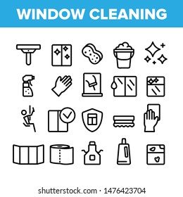 Collection Window Cleaning Sign Icons Set Vector Thin Line. Wiper Blade And Sponge, Handgear And Washing Agent Spray Cleaning Equipments Linear Pictograms. Concept Monochrome Contour Illustrations