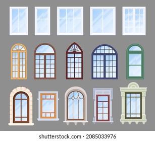 Collection window frames different shape vector flat illustration. Set various modern vintage interior and exterior elements with transparent glass. Elegance room vision construction decorative detail