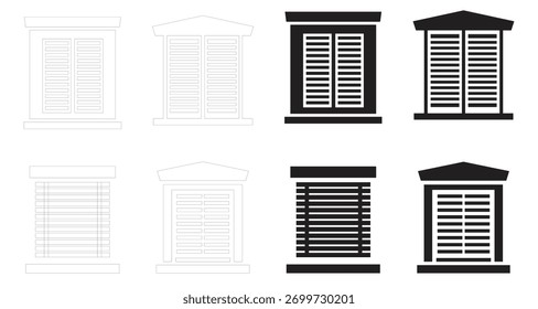 Colección de persianas de ventana en varios estilos aislados sobre fondo blanco, ofreciendo una gama de opciones de diseño para proyectos arquitectónicos e interiorismo