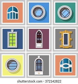 collection of windows of different designs isolated on a colored backgrounds