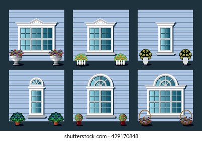 collection of windows on blue wall decorated with potted plants