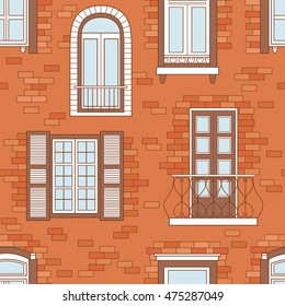 Colección de ventanas en una pared de ladrillo, Vector de patrón sin costuras. Fondo de pantalla con icono de ventana. Fondo decorativo con los objetos del bosquejo, pared europea
