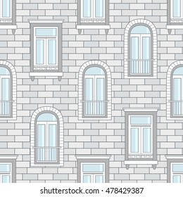Collection of windows on a brick wall, seamless pattern vector. Wallpaper with window icon set. Decorative background with sketch objects, european wall