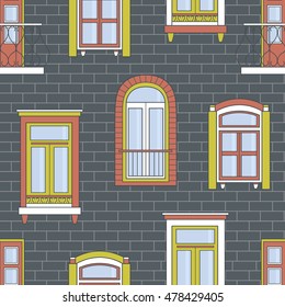 Collection of windows on a brick wall, seamless pattern vector. Wallpaper with window icon set. Decorative background with sketch objects, european wall