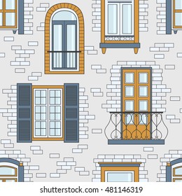 Collection of windows on a brick wall, seamless pattern vector. Wallpaper with window icon set. Decorative background with sketch objects, european wall