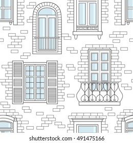 Collection of windows on a brick wall, seamless pattern vector. Wallpaper with window icon set. Decorative background with sketch objects, european wall