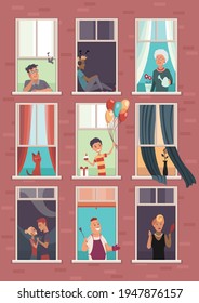 Collection of windows with people. Apartment building with peoples in open windows spaces. Outer wall of house with neighbors. Human life concept. Blocks of flat house friendship concept