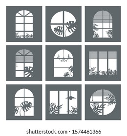 Collection of windows silhouette of various designs isolated. Window at night. Vector illustration of apartment blocks with windows, in which the gap silhouettes of tropical and home plants and
