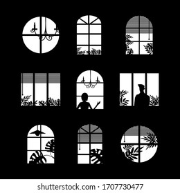 Collection of windows silhouette of various designs isolated. Windows light city at night. Vector illustration of apartment blocks with windows, in which the gap silhouettes of people, tropical and