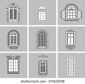 collection of windows of various designs isolated on a gray background