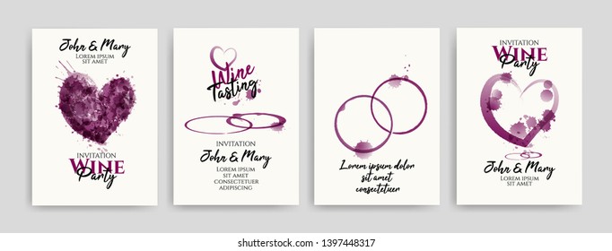 Collection of wine designs for wedding parties, bridal shower party, celebrations. shapes of hearts and rings with wine stains. Invitations, cards, web banners. Vector illustration