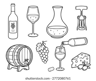 Collection of wine doodles with glasses, bottles, barrel, grapes, cheese, and screw, cute and simple icons for menu or decoration. Vector illustration