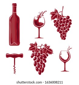 Collection of Wine elements isolated on white. Vector illustration.