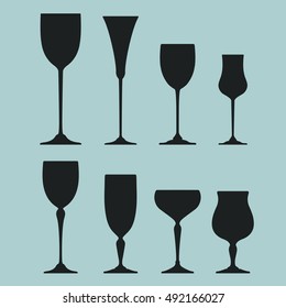 Collection of Wine glass black silhouettes. Vector icon set