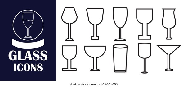 Collection of wine Glass Icon, Line Cocktail glass Vector illustration.