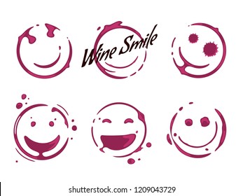 Collection of wine glass round stains shaping smiles and smiling faces. Spilled wine logo concept. Vector drops and splashes on white background.