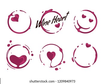Collection of wine glass round stains shaping hearts and smiling faces. Good mood and wine love concept. Vector spilled drops and splashes on white background.
