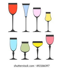 Collection of Wine glass silhouettes on white background. Vector icon set