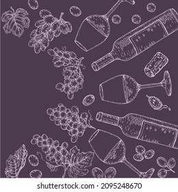 Collection of wine glasses, bottle and bunches of grapes. Detailed hand-drawn sketch, vector illustration.