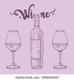 Collection of wine glasses with bottle and lettering wine. Detailed hand-drawn sketch, vector illustration.