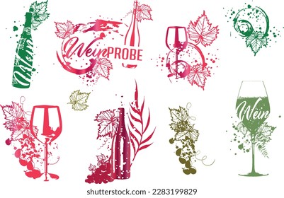 Colección de vasos y botellas de vino - Diseños de vino. Esbozar ilustración vectorial. Elementos dibujados a mano para tarjetas de invitación, banner publicitario y tarjetas de menú. Gafas de vino con vino que salpica.