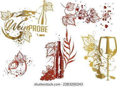Collection of wine glasses and bottles - Wine Designs. Sketch vector illustration. Hand drawn elements for invitation cards, advertising banner and menu cards. Wine glasses with splashing wine.