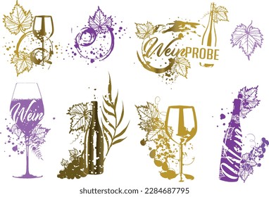 Collection of wine glasses and bottles - Wine Designs. Sketch vector illustration. Hand drawn elements for invitation cards, advertising banner and menu cards. Wine glasses with splashing wine.
