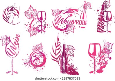 Collection of wine glasses and bottles - Wine Designs. Sketch vector illustration. Hand drawn elements for invitation cards, advertising banner and menu cards. Wine glasses with splashing wine.