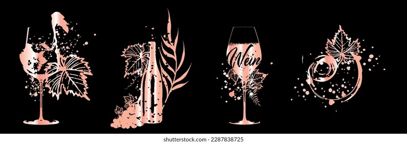 Collection of wine glasses and bottles - Wine Designs. Sketch vector illustration. Hand drawn elements for invitation cards, advertising banner and menu cards. Wine glasses with splashing wine.