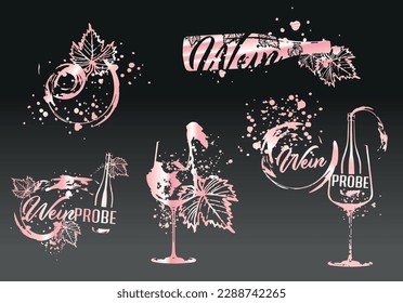 Collection of wine glasses and bottles - Wine Designs. Sketch vector illustration. Hand drawn elements for invitation cards, advertising banner and menu cards. Wine glasses with splashing wine.