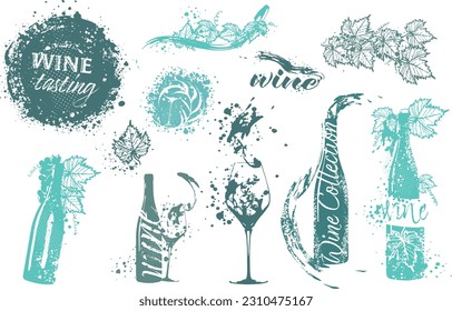 Colección de vasos y botellas de vino - Diseños de vino. Esbozar ilustración vectorial. Elementos dibujados a mano para tarjetas de invitación, banner publicitario y tarjetas de menú. Gafas de vino con vino que salpica.