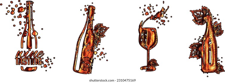 Collection of wine glasses and bottles - Wine Designs. Sketch vector illustration. Hand drawn elements for invitation cards, advertising banner and menu cards. Wine glasses with splashing wine.