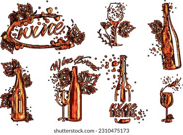 Collection of wine glasses and bottles - Wine Designs. Sketch vector illustration. Hand drawn elements for invitation cards, advertising banner and menu cards. Wine glasses with splashing wine.