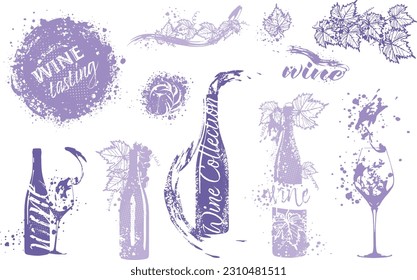 Collection of wine glasses and bottles - Wine Designs. Sketch vector illustration. Hand drawn elements for invitation cards, advertising banner and menu cards. Wine glasses with splashing wine.