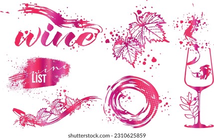 Collection of wine glasses and bottles - Wine Designs. Sketch vector illustration. Hand drawn elements for invitation cards, advertising banner and menu cards. Wine glasses with splashing wine.