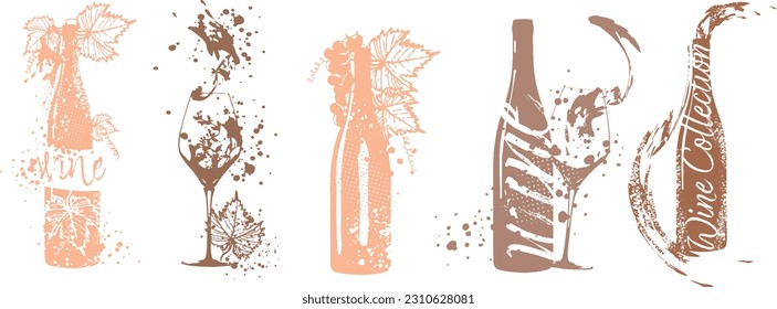 Collection of wine glasses and bottles - Wine Designs. Sketch vector illustration. Hand drawn elements for invitation cards, advertising banner and menu cards. Wine glasses with splashing wine.