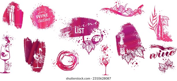 Collection of wine glasses and bottles - Wine Designs. Sketch vector illustration. Hand drawn elements for invitation cards, advertising banner and menu cards. Wine glasses with splashing wine.