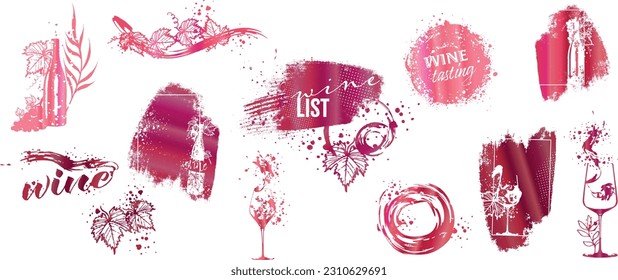 Collection of wine glasses and bottles - Wine Designs. Sketch vector illustration. Hand drawn elements for invitation cards, advertising banner and menu cards. Wine glasses with splashing wine.