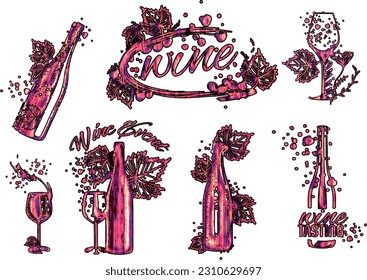 Collection of wine glasses and bottles - Wine Designs. Sketch vector illustration. Hand drawn elements for invitation cards, advertising banner and menu cards. Wine glasses with splashing wine.