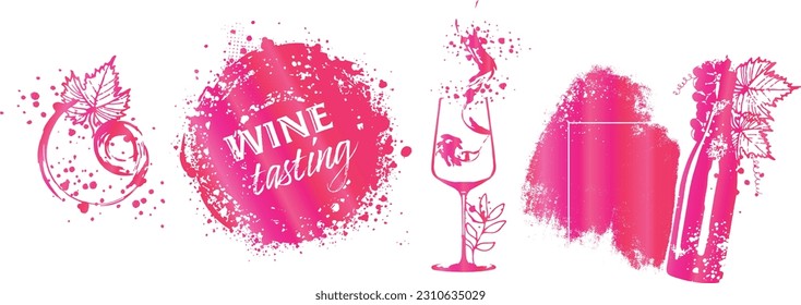 Collection of wine glasses and bottles - Wine Designs. Sketch vector illustration. Hand drawn elements for invitation cards, advertising banner and menu cards. Wine glasses with splashing wine.