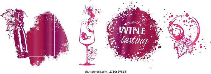 Collection of wine glasses and bottles - Wine Designs. Sketch vector illustration. Hand drawn elements for invitation cards, advertising banner and menu cards. Wine glasses with splashing wine.