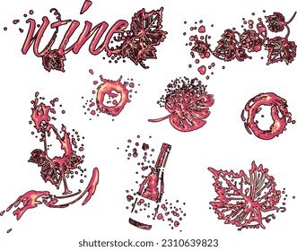 Collection of wine glasses and bottles - Wine Designs. Sketch vector illustration. Hand drawn elements for invitation cards, advertising banner and menu cards. Wine glasses with splashing wine.