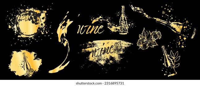 Collection of wine glasses and bottles - Wine Designs. Sketch vector illustration. Hand drawn elements for invitation cards, advertising banner and menu cards. Wine glasses with splashing wine.