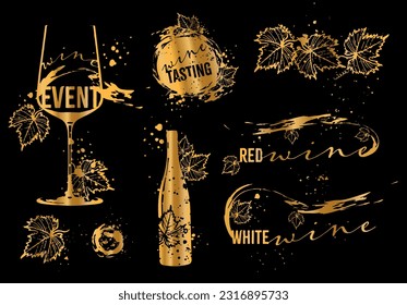 Collection of wine glasses and bottles - Wine Designs. Sketch vector illustration. Hand drawn elements for invitation cards, advertising banner and menu cards. Wine glasses with splashing wine.
