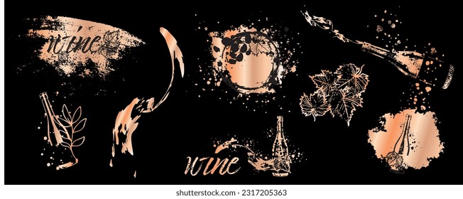 Collection of wine glasses and bottles - Wine Designs. Sketch vector illustration. Hand drawn elements for invitation cards, advertising banner and menu cards. Wine glasses with splashing wine.