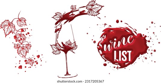 Collection of wine glasses and bottles - Wine Designs. Sketch vector illustration. Hand drawn elements for invitation cards, advertising banner and menu cards. Wine glasses with splashing wine.