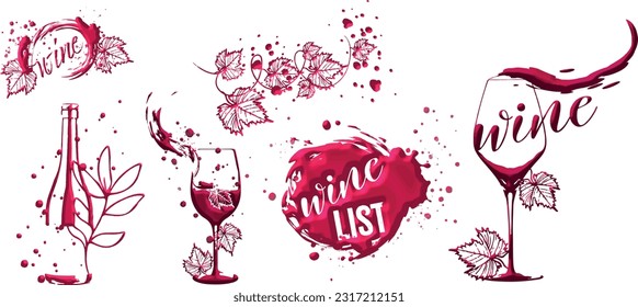 Collection of wine glasses and bottles - Wine Designs. Sketch vector illustration. Hand drawn elements for invitation cards, advertising banner and menu cards. Wine glasses with splashing wine.