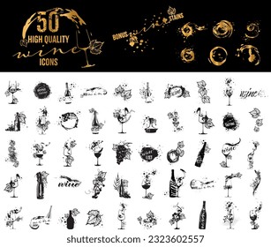 Collection of wine glasses and bottles - Wine Designs. Sketch vector illustration. Hand drawn elements for invitation cards, advertising banner and menu cards. Wine glasses with splashing wine.