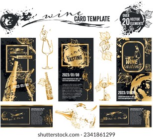 Collection of wine glasses and bottles - Wine Designs. Sketch vector illustration. Hand drawn elements for invitation cards, advertising banner and menu cards. Wine glasses with splashing wine.