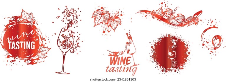Collection of wine glasses and bottles - Wine Designs. Sketch vector illustration. Hand drawn elements for invitation cards, advertising banner and menu cards. Wine glasses with splashing wine.